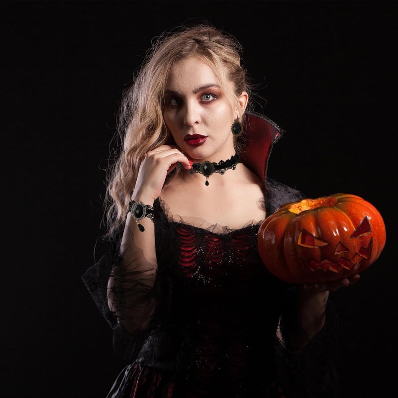 ELLEZZA Gothic Victorian Style Vampire Choker Necklace Bracelet Earrings Set,Halloween Pirate Steampunk Witch Vampire Costume Accessories Jewelry for Women,Adjustable Size - Image 2